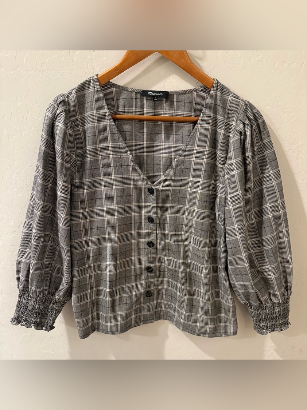 Madewell Plaid Smocked-Cuff Button-Front Shirt Size 4